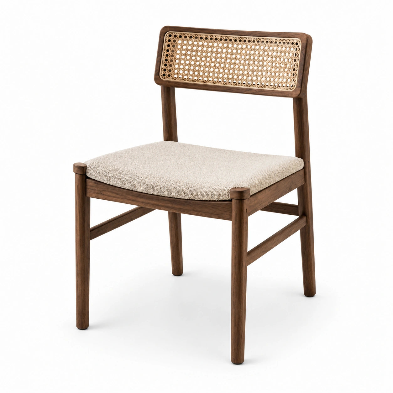 Essstuhl Walnussholz Beige Leinen Rattan Rückenlehne