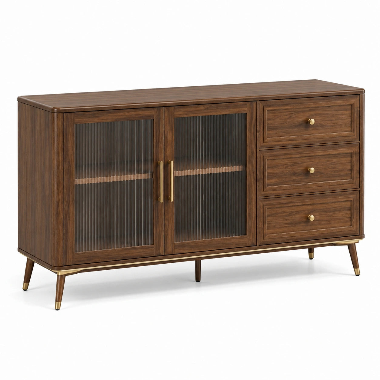 Sideboard aus Massivholz mit gerippten Glastüren und Schubladen, 120x40x80cm