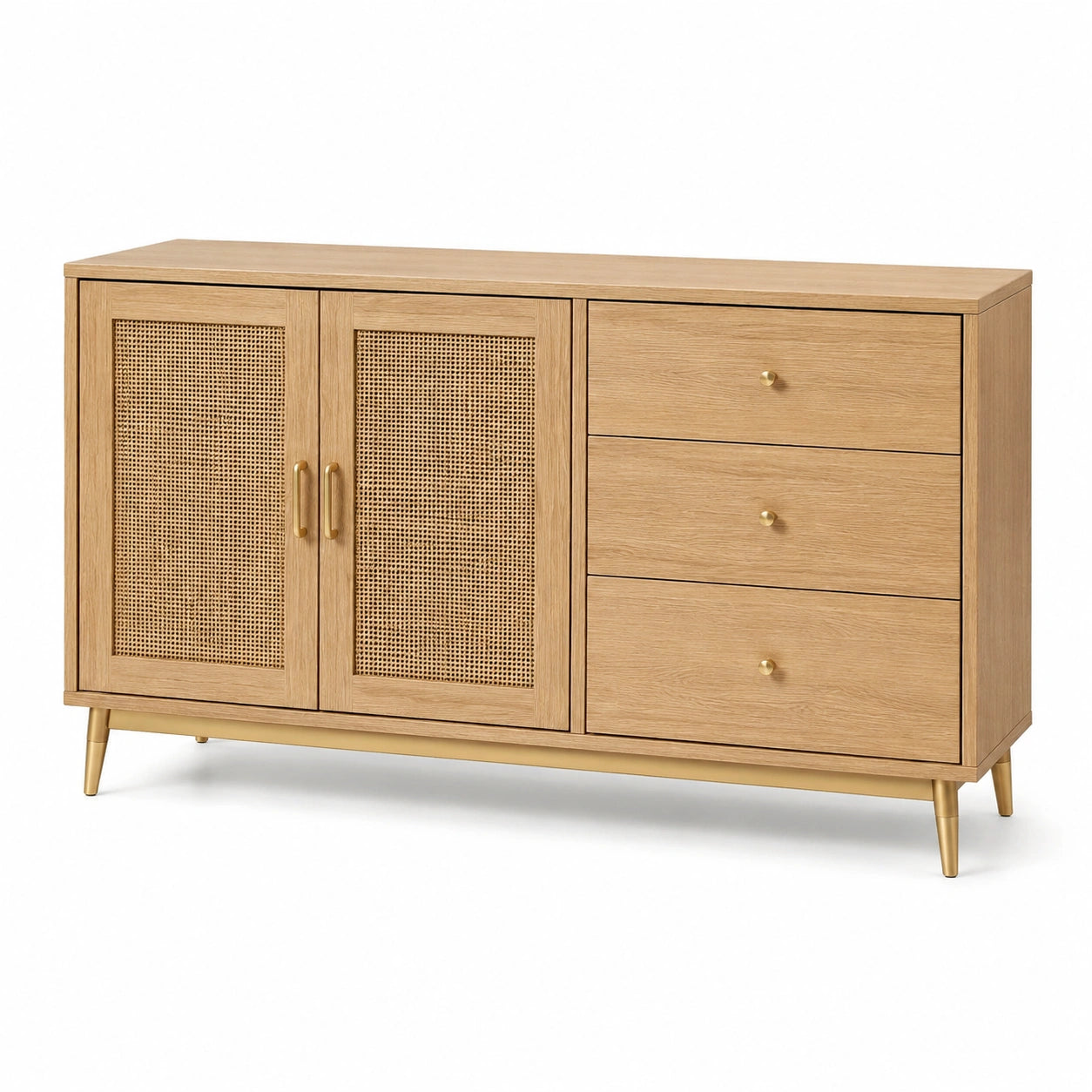 Sideboard Eichenholz mit Rattan-Türen und Schubladen