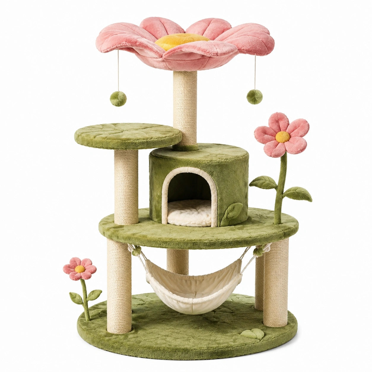 Katzenbaum mit Blumen-Design und Hängematte