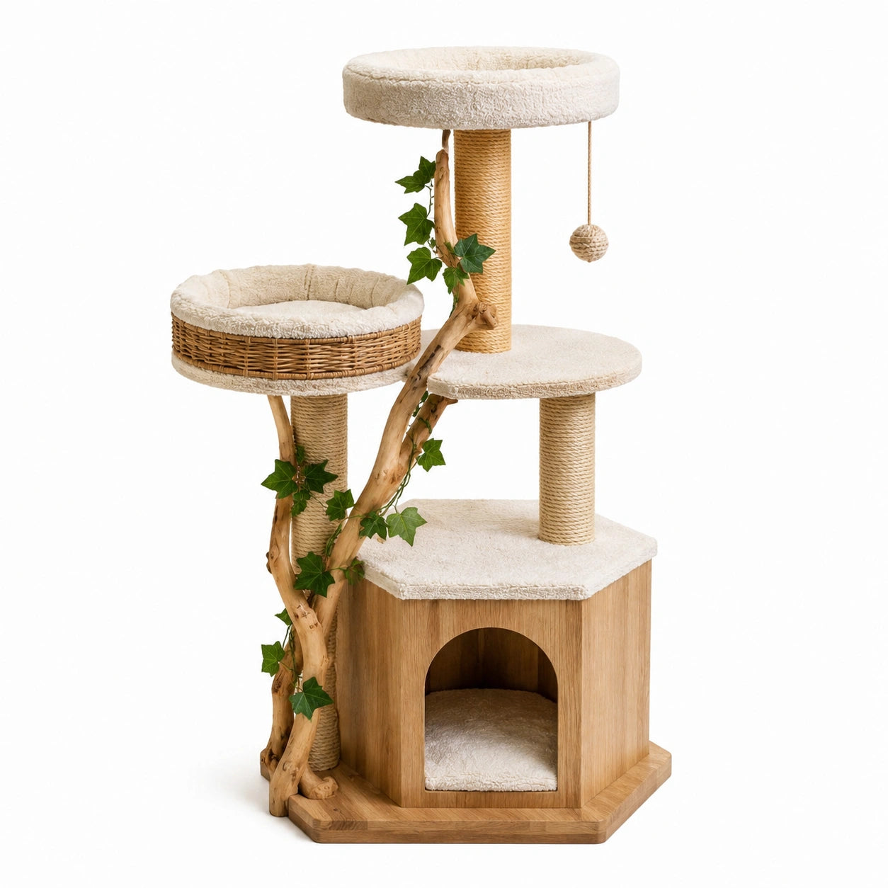 Holz-Katzenbaum mit Sisal und Plüsch, Höhe 110 cm, Beige
