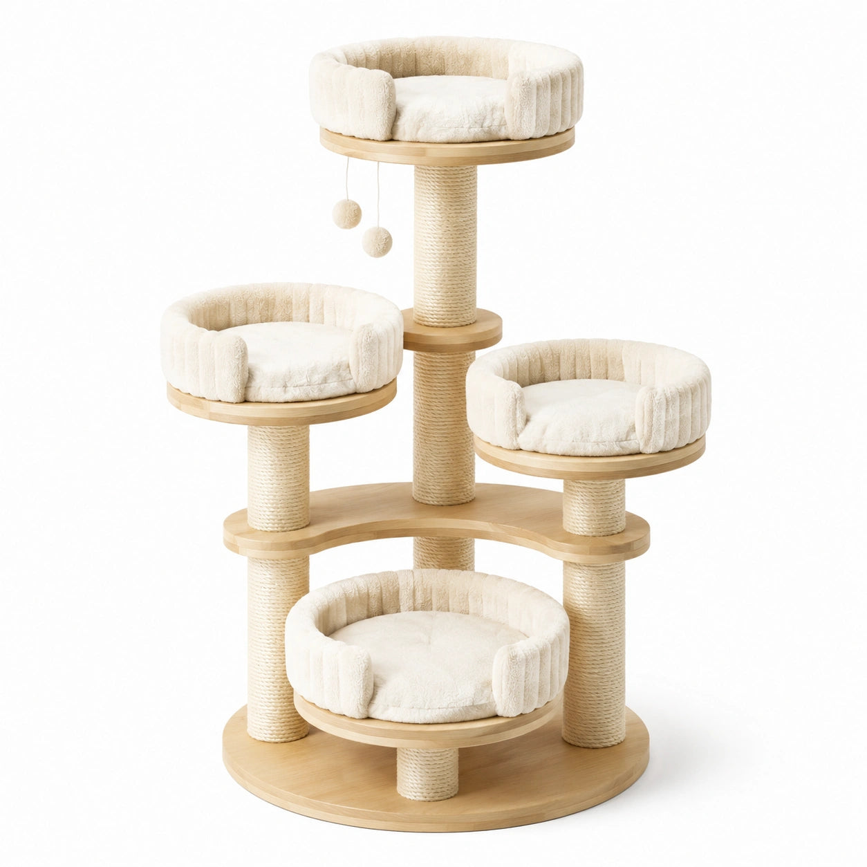 Katzenkratzbaum aus Holz und Plüsch, Beige, 120 cm hoch