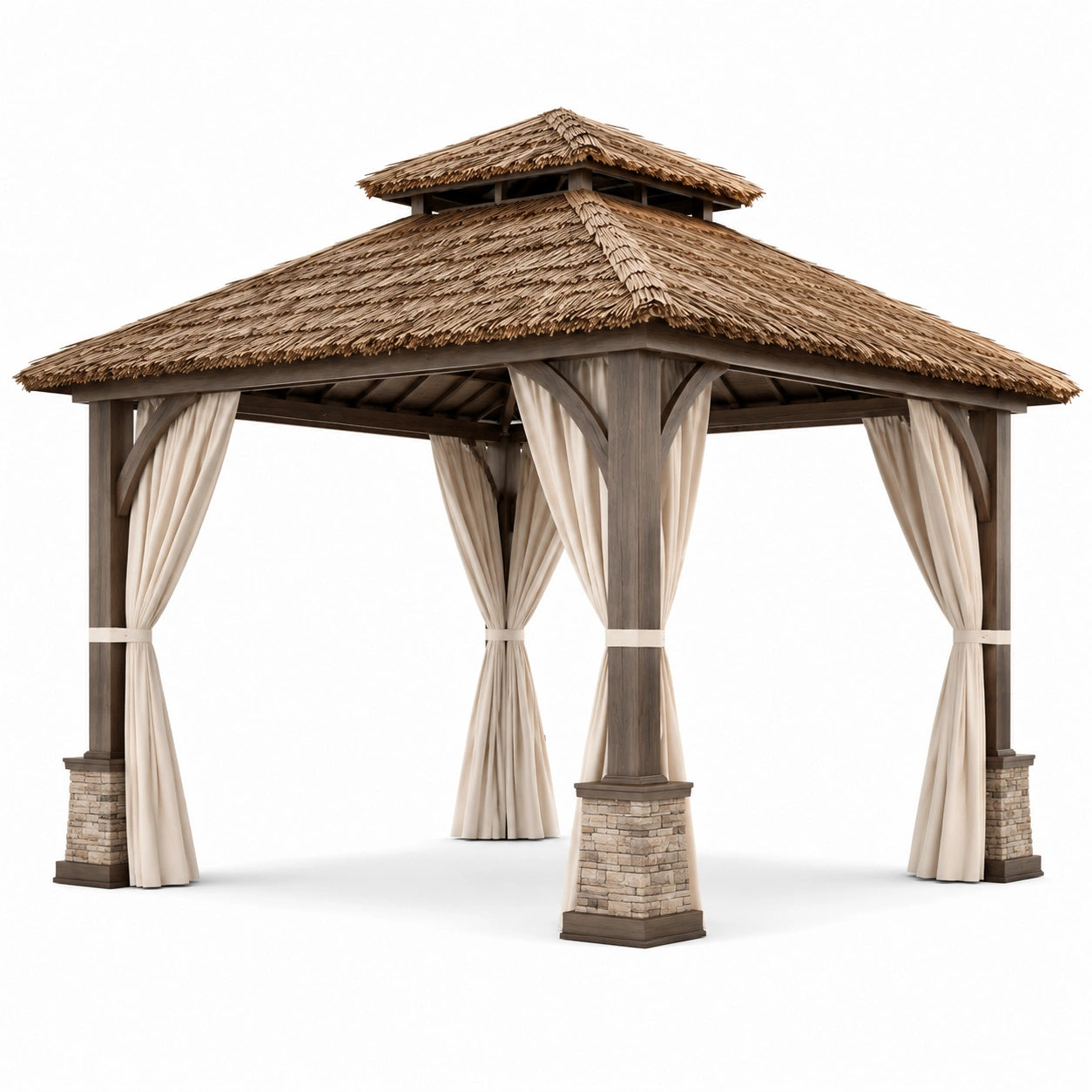 Holzpavillon mit Reetdach und Polyester-Vorhängen 3x3 m
