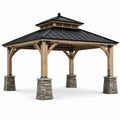 Holz-Metall-Pavillon mit Steinbasis und verzinktem Stahldach