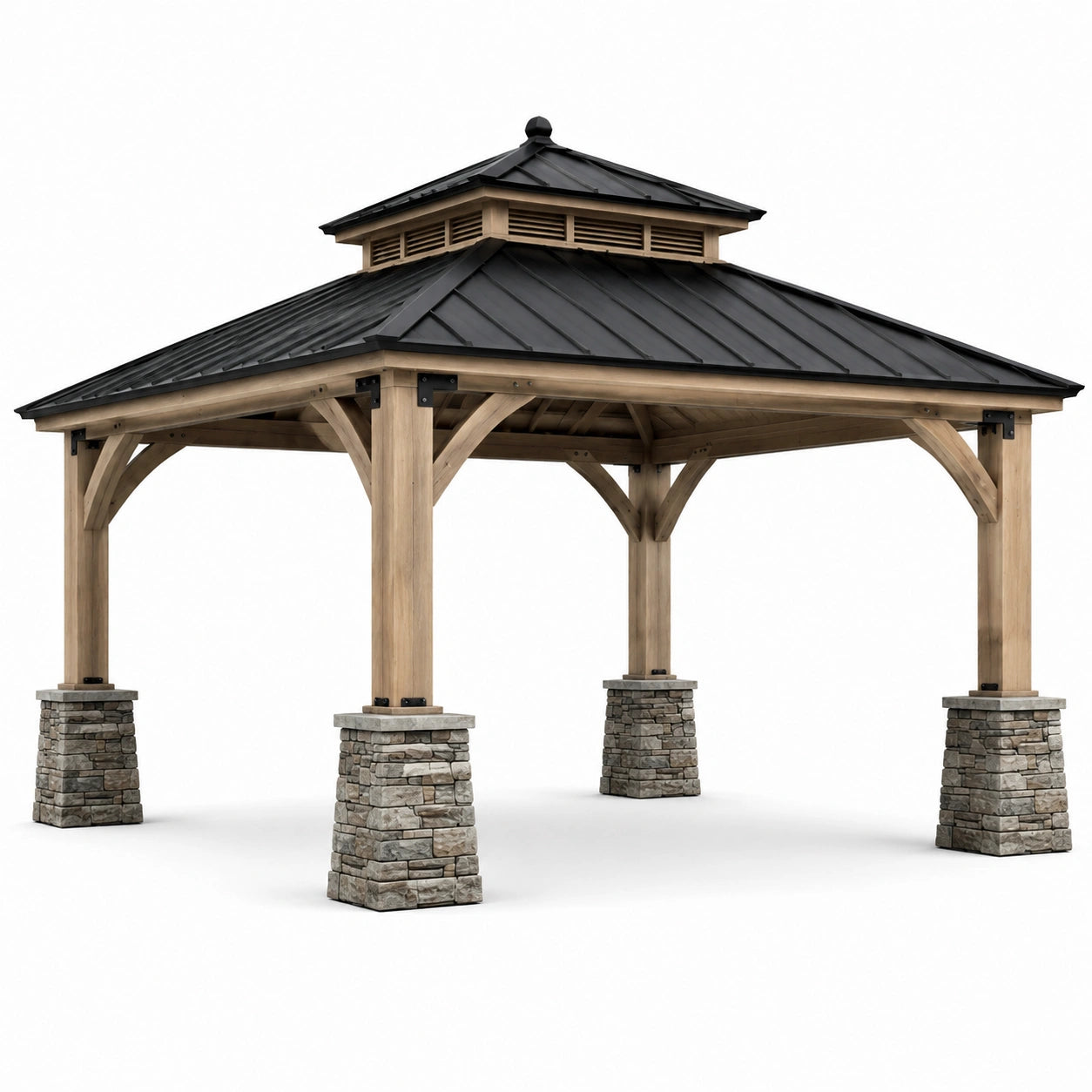 Holz-Metall-Pavillon mit Steinbasis und verzinktem Stahldach