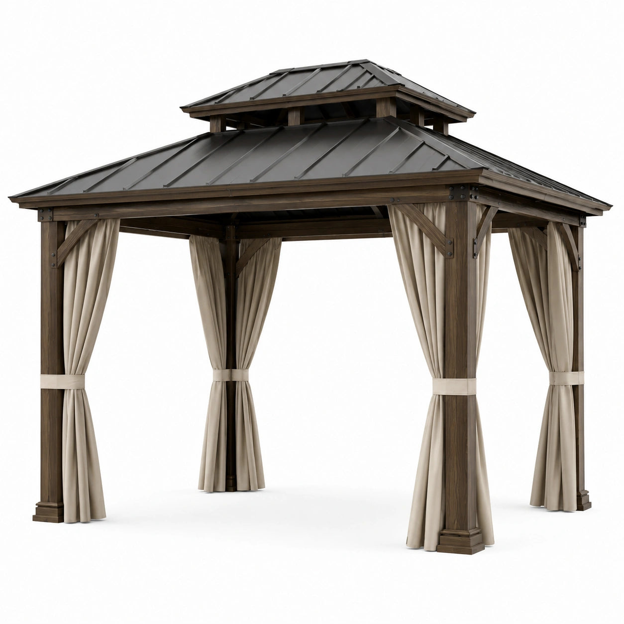 Holz-Pavillon mit verzinktem Metalldach und Polyester-Vorhängen 300 x 400 x 300 cm