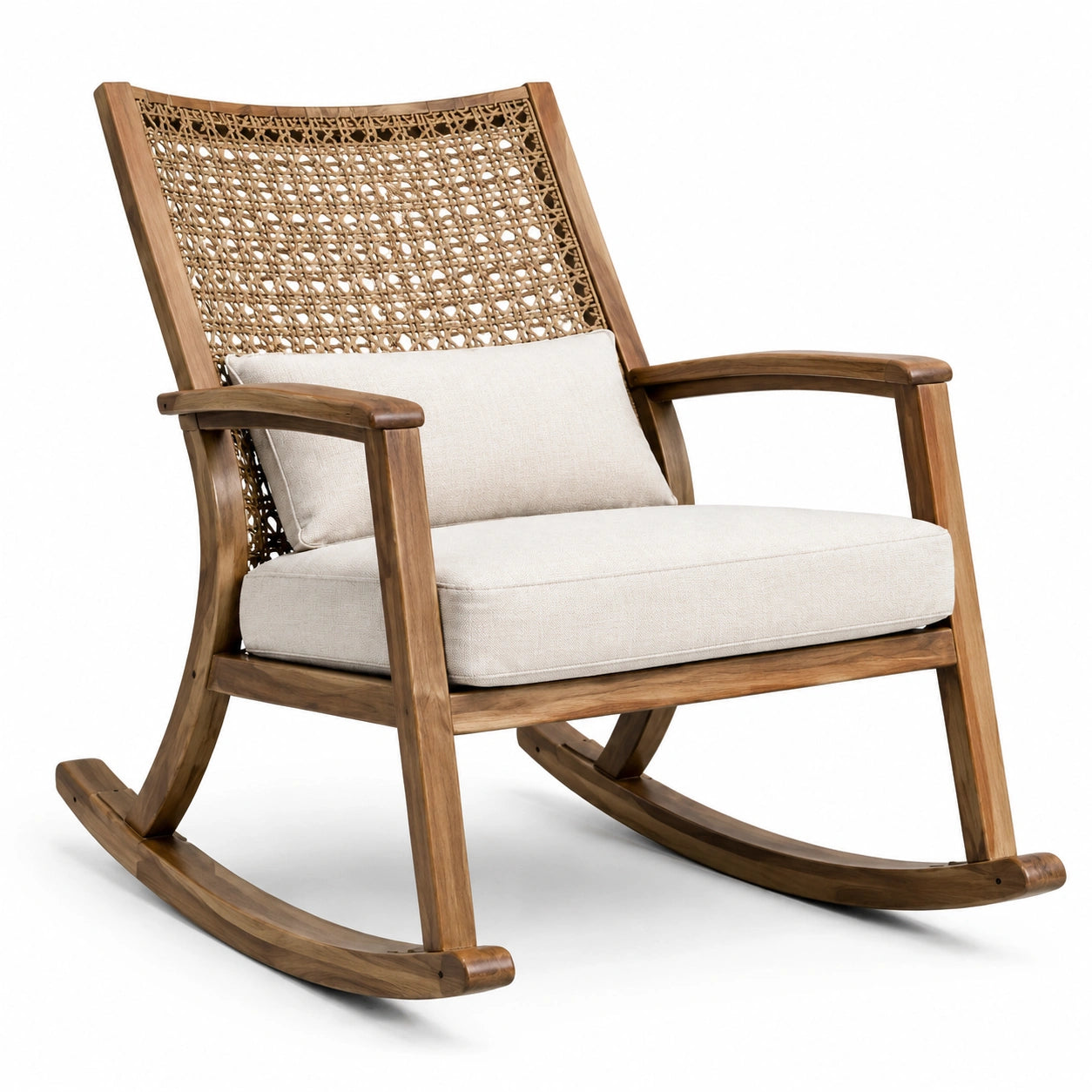Teakholz-Schaukelstuhl mit Rattanlehne und Leinenkissen