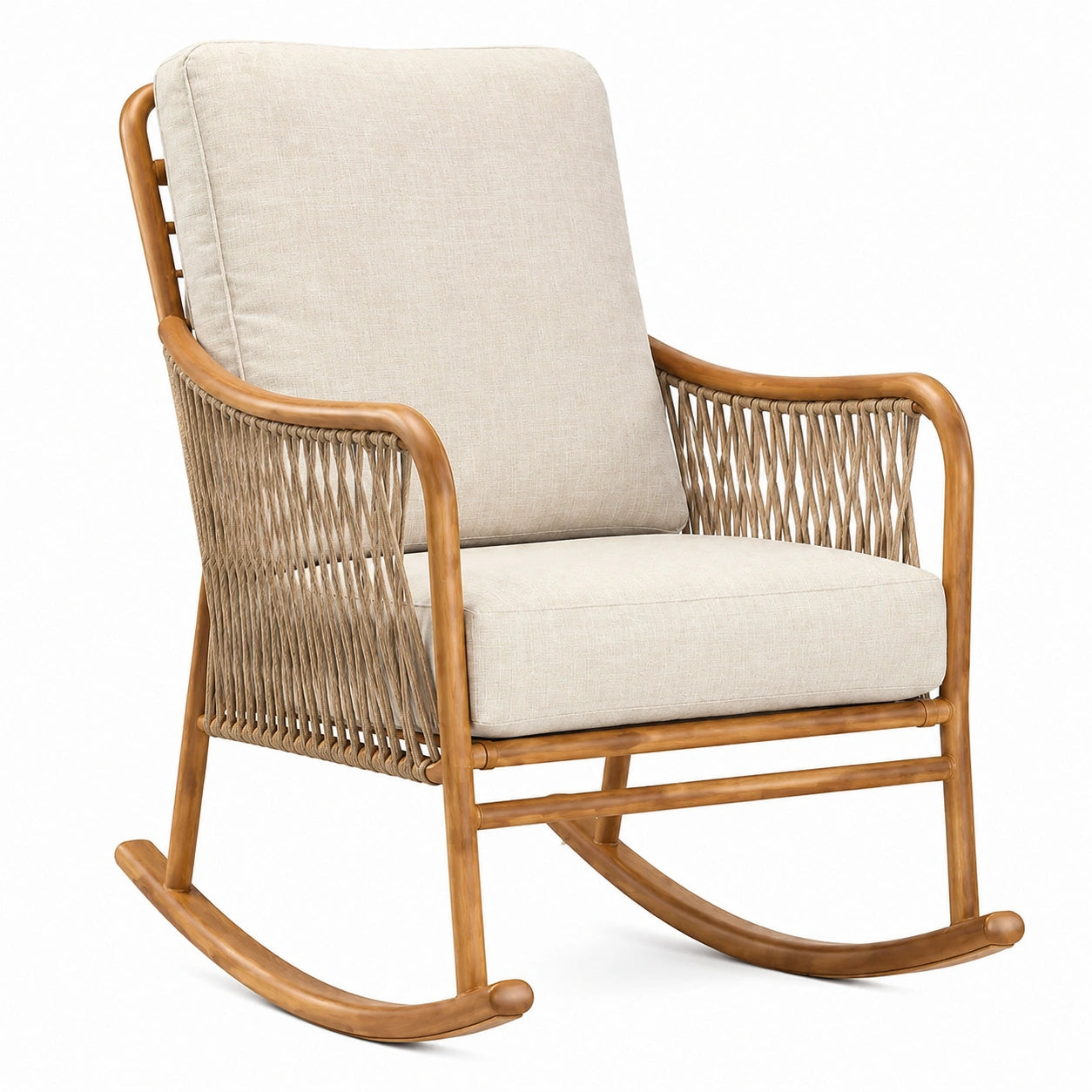 Holz Rattan Schaukelstuhl mit Baumwoll Kissen Beige