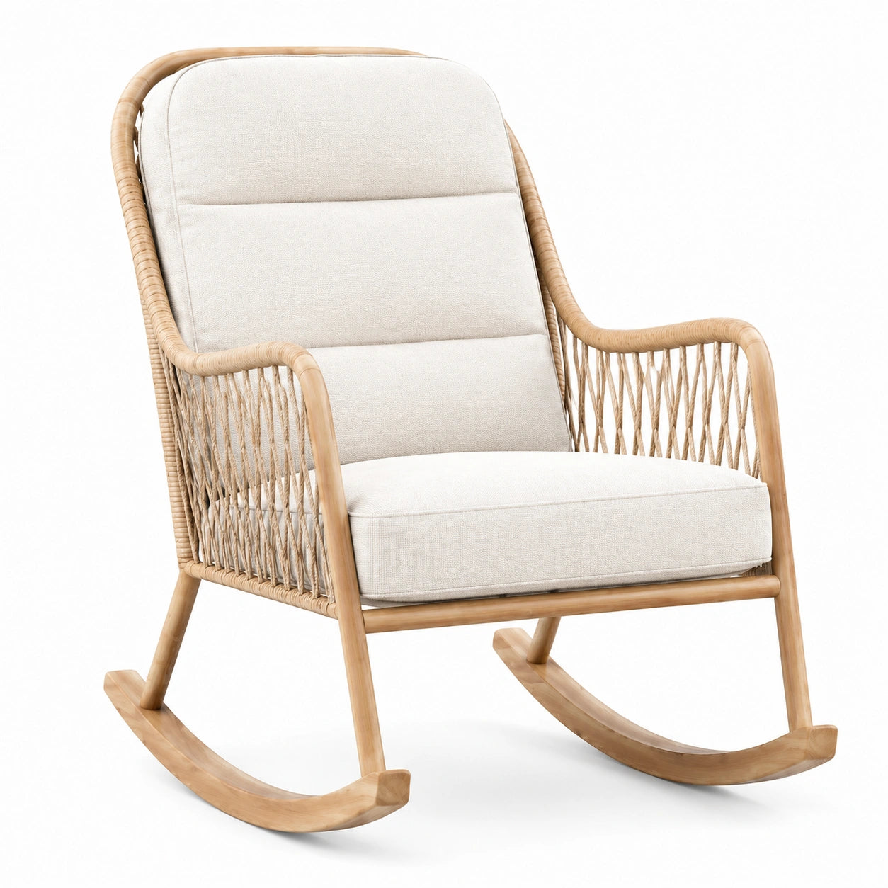 Rattan Schaukelstuhl mit Leinenkissen Beige 95cm
