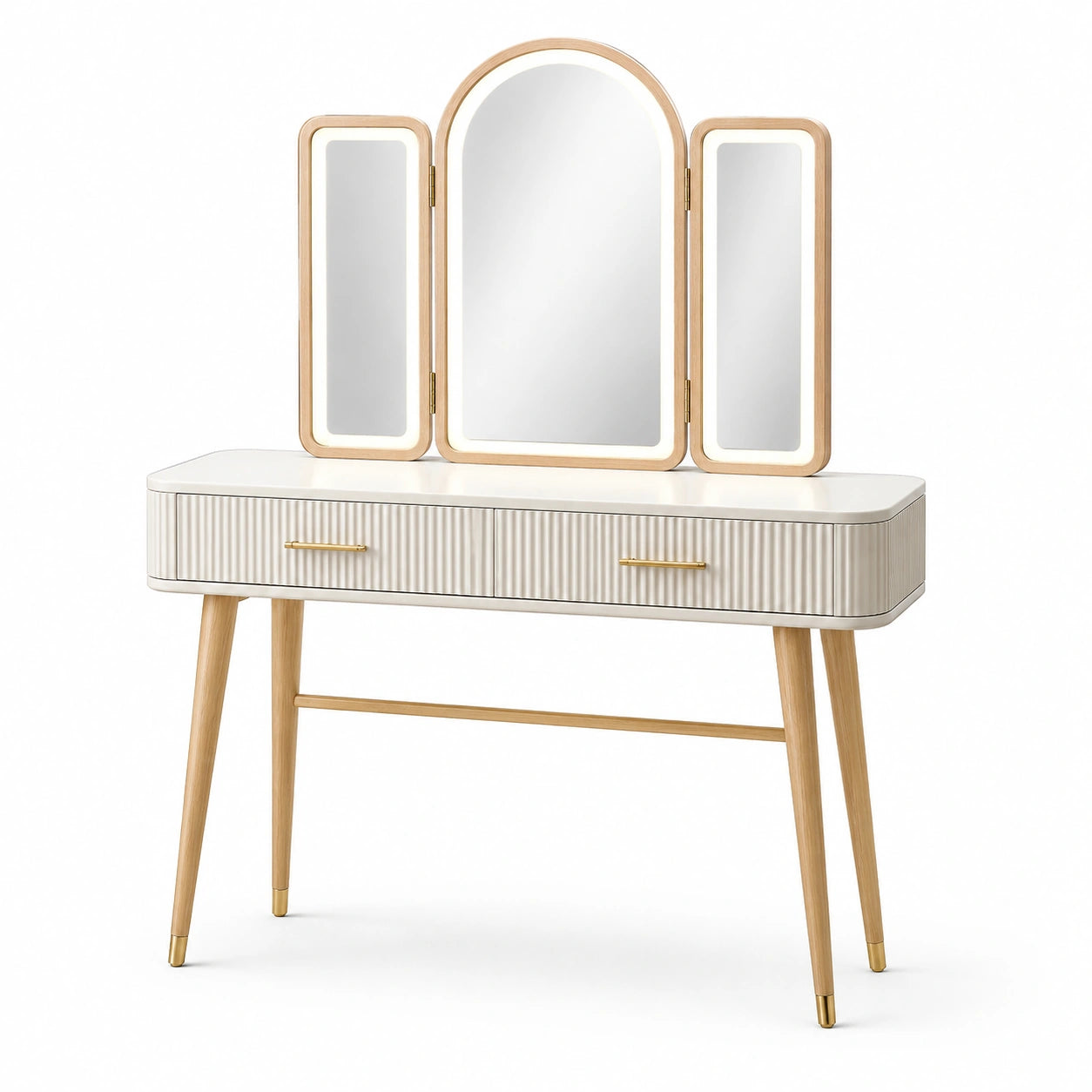 Schminktisch mit Spiegeln aus MDF und Eichenholz in Weiß 120x40x130 cm